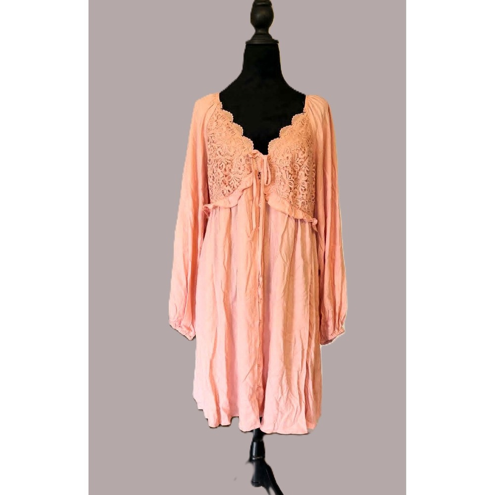 Destination Maternity Peach Baby Doll Button Up Top Lace Trim Boho Pink‎ Large